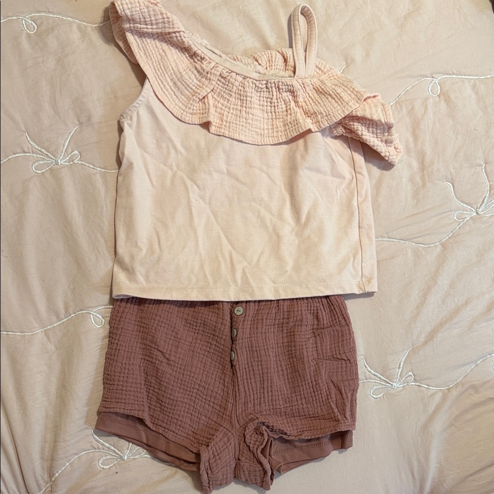 btween Pink Ruffle One-Shoulder Top with Mauve Shorts Kids Matching Set